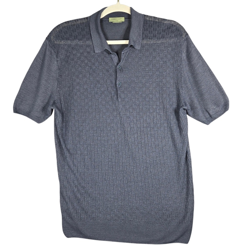 Corneliani Circle Polo Shirt Mens IT 50 Large Blue 100% Linen Knit Made in Italy